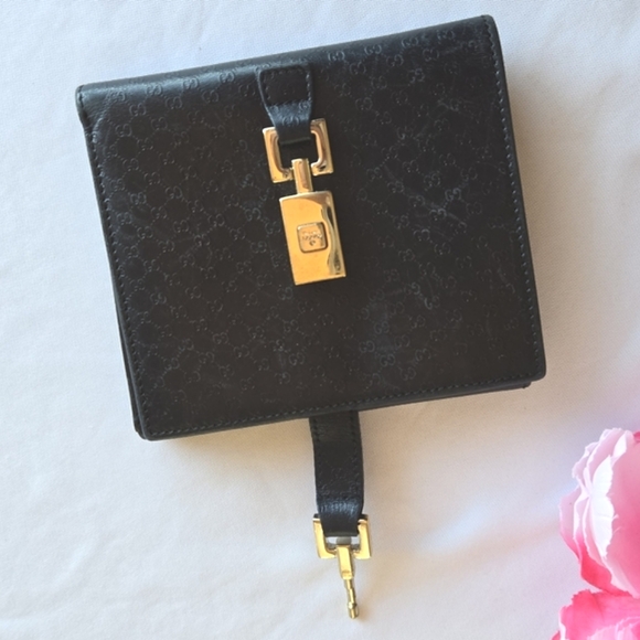 Vintage GUCCI Jackie Bi Fold Wallet Leather Metal Square Buckle Gold Hardware - Picture 3 of 14